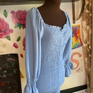 Love Tree, smocked blue 3/4 sleeve off shoulder stretch to fit dress. Size L.